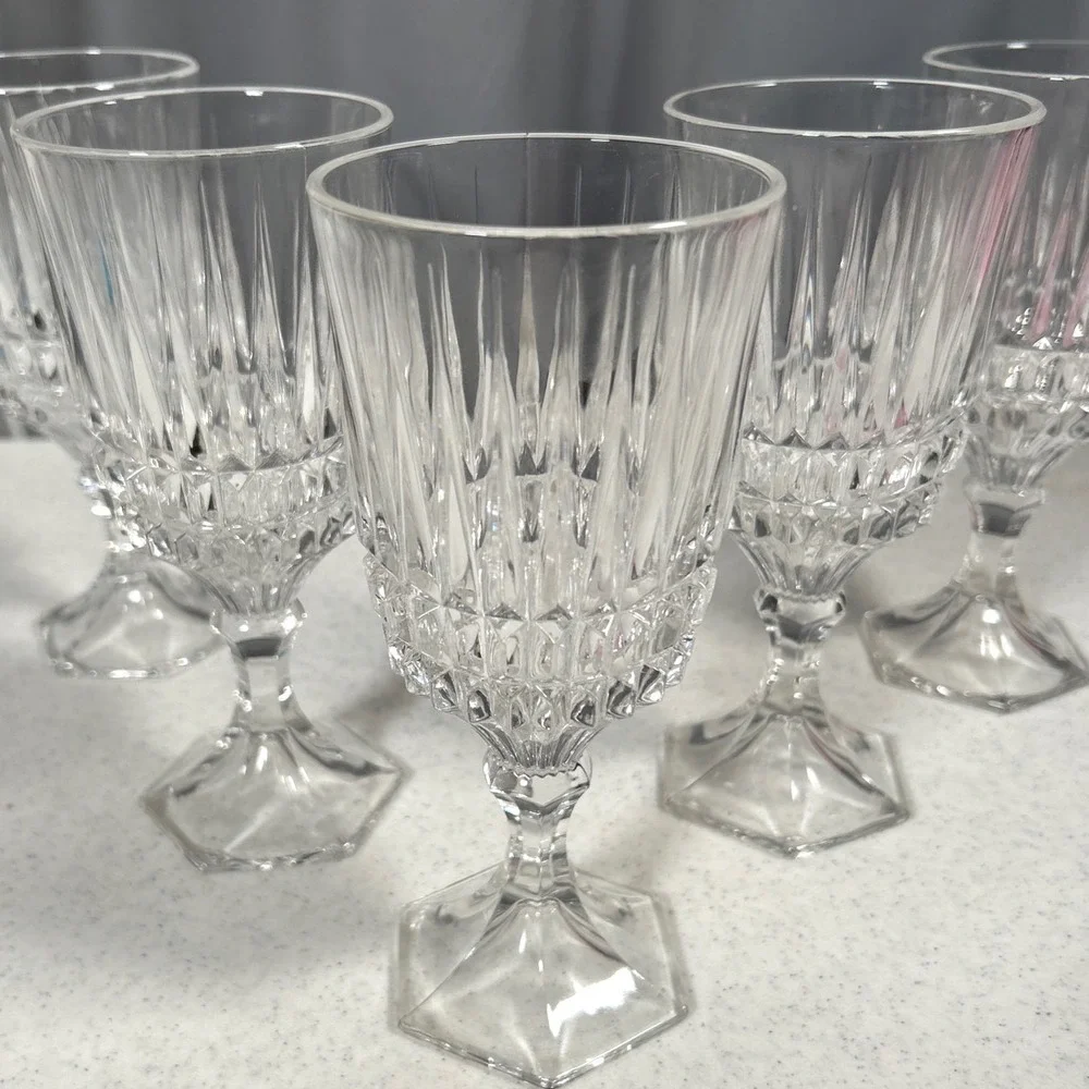 Fostoria Heritage Clear Glass Crystal Water Goblets Hexagon Diamond Wedge Set/5